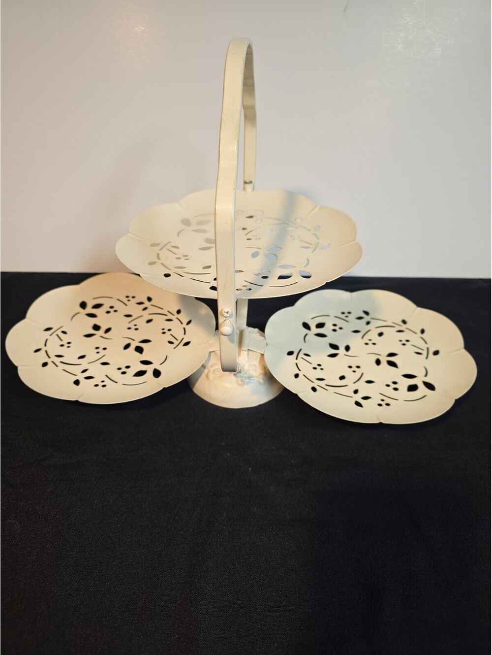 Vintage Mid Century 3 Tier Folding Metal Serving Tray Clamshell Filigree Cream
